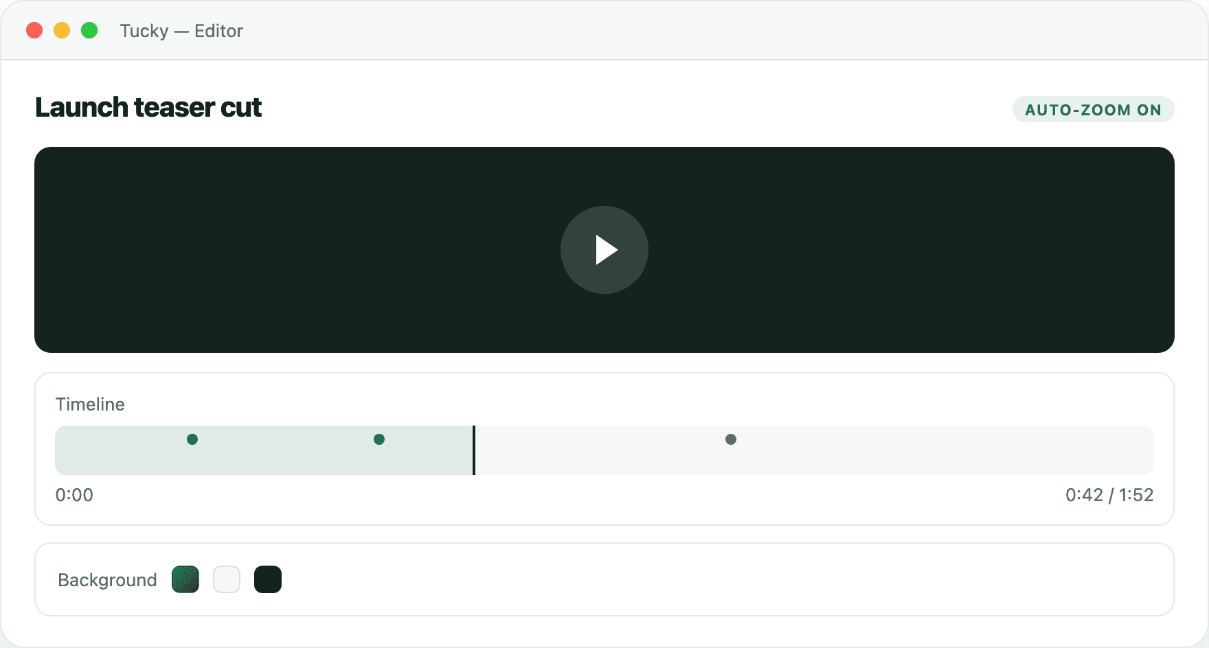 Tucky recording editor with auto-zoom and timeline