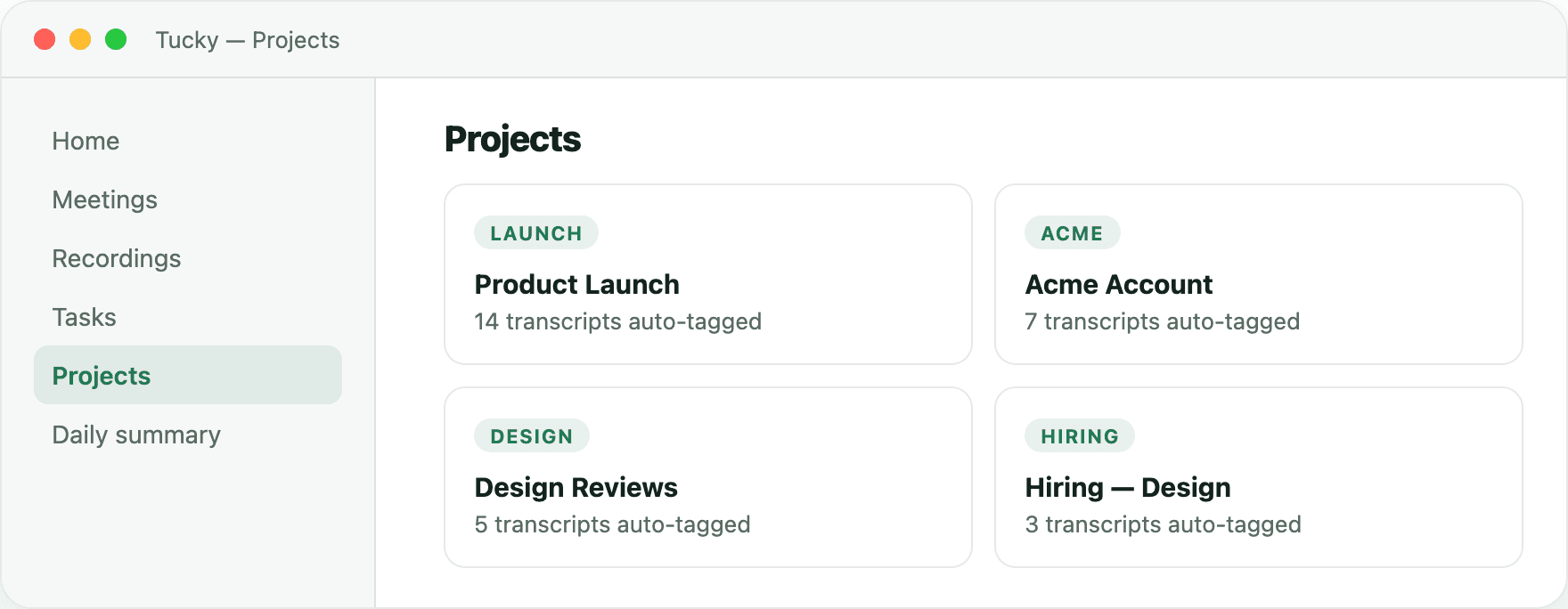 Tucky projects view with tasks grouped by project