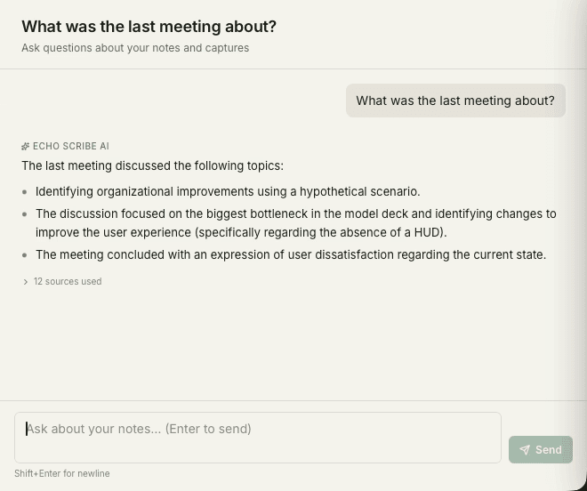Tucky — AI answer to a question about past meetings, with twelve sources