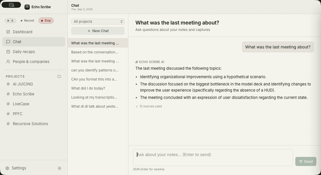 Tucky — AI answer to a question about past meetings, with twelve sources