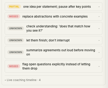 Tucky — Meeting coaching feedback with covered and missed conversation points