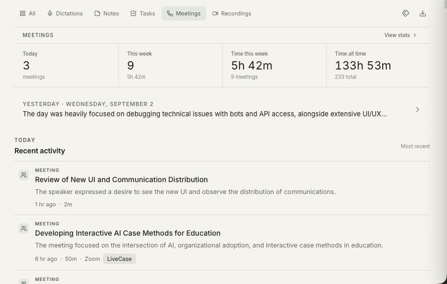 Tucky — Meeting library with recent recordings and meeting activity