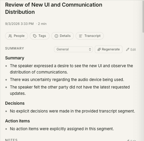 Meeting summary and recording controls in the app