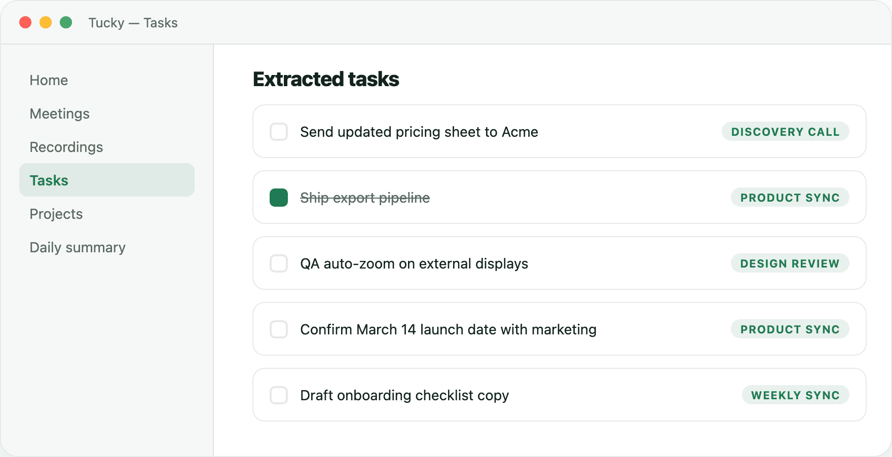 Tucky tasks view with action items grouped by project